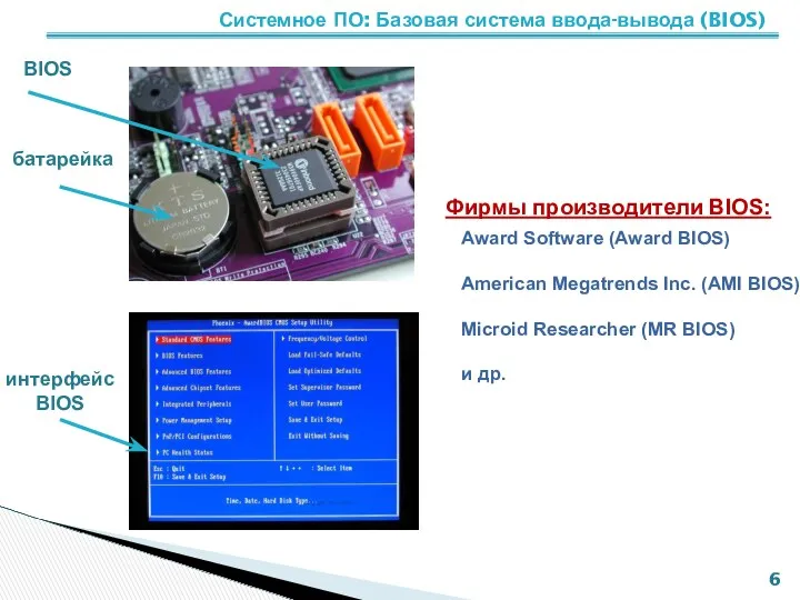Фирмы производители BIOS: BIOS батарейка интерфейс BIOS Системное ПО: Базовая система ввода-вывода (BIOS)