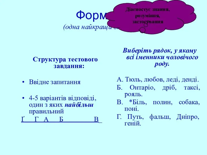 Формат А (одна найкраща відповідь) Структура тестового завдання: Ввідне запитання 4-5 варіантів відповіді,