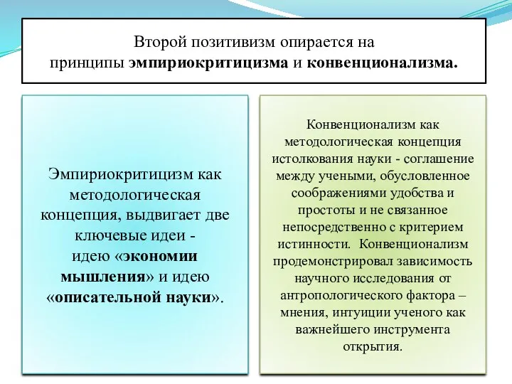 Второй позитивизм опирается на принципы эмпириокритицизма и конвенционализма. Эмпириокритицизм как