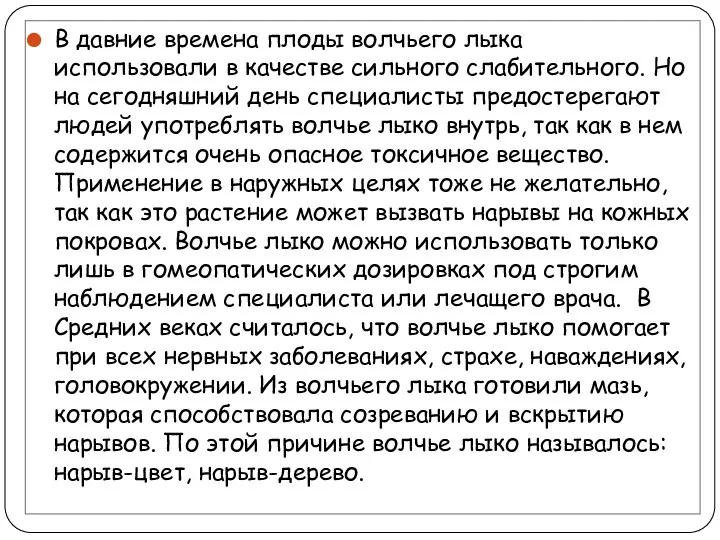 В давние времена плоды волчьего лыка использовали в качестве сильного слабительного. Но на