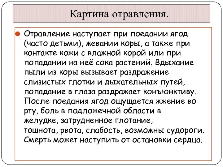 Картина отравления. Отравление наступает при поедании ягод (часто детьми), жевании