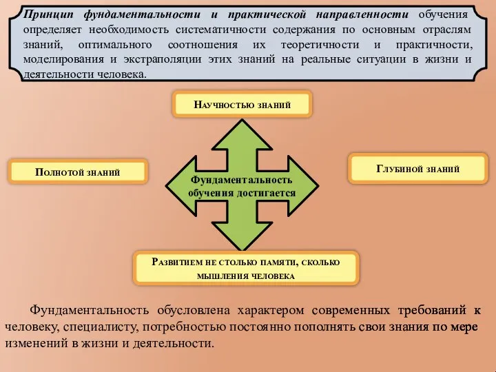 Принцип фундаментальности и практической направленности обучения определяет необходимость систематичности содержания