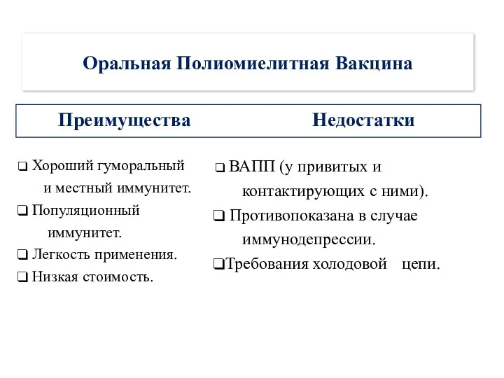 Оральная Полиомиелитная Вакцина Хороший гуморальный и местный иммунитет. Популяционный иммунитет. Легкость применения. Низкая