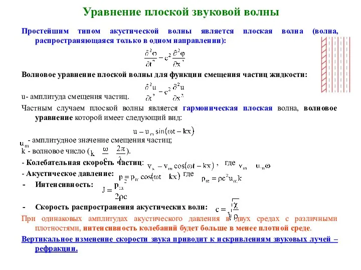 Уравнение плоской звуковой волны Простейшим типом акустической волны является плоская