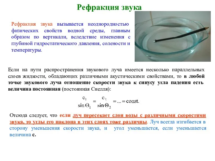 Рефракция звука Рисунок 1. Лучевые картины при рефракции звуковых лучей При отрицательном градиенте