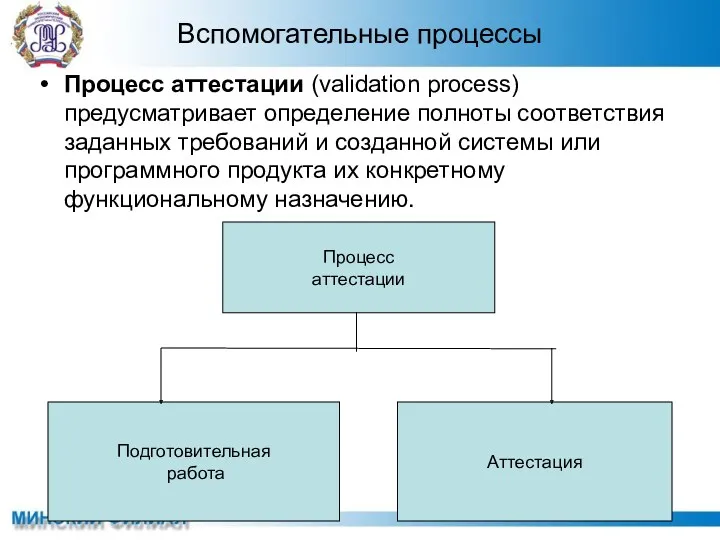 Вспомогательные процессы Процесс аттестации (validation process) предусматривает определение полноты соответствия