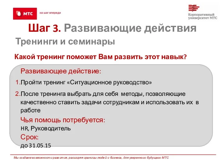 Развивающее действие: Пройти тренинг «Ситуационное руководство» После тренинга выбрать для