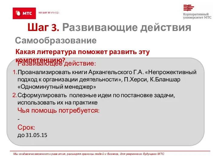 Методы развития: Самообразование Развивающее действие: Проанализировать книги Архангельского Г.А. «Непрожективный