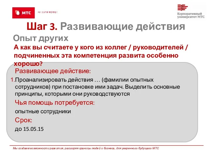 Методы развития: Обучение на опыте других Развивающее действие: Проанализировать действия