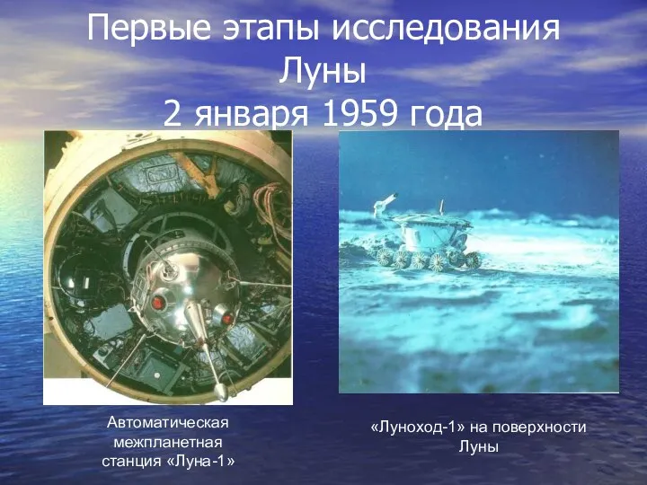 Первые этапы исследования Луны 2 января 1959 года Автоматическая межпланетная станция «Луна-1» «Луноход-1» на поверхности Луны