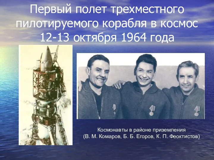 Первый полет трехместного пилотируемого корабля в космос 12-13 октября 1964