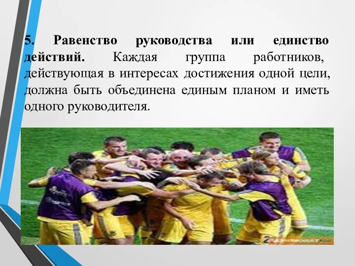 5. Равенство руководства или единство действий. Каждая группа работников, действующая