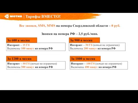 Тарифы ВМЕСТО! Все звонки, SMS, MMS на номера Свердловской области