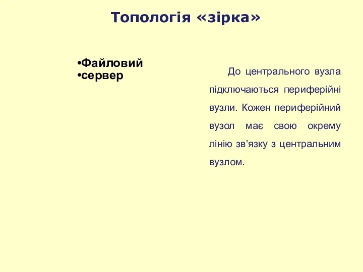 Топологія «зірка» До центрального вузла підключаються периферійні вузли. Кожен периферійний