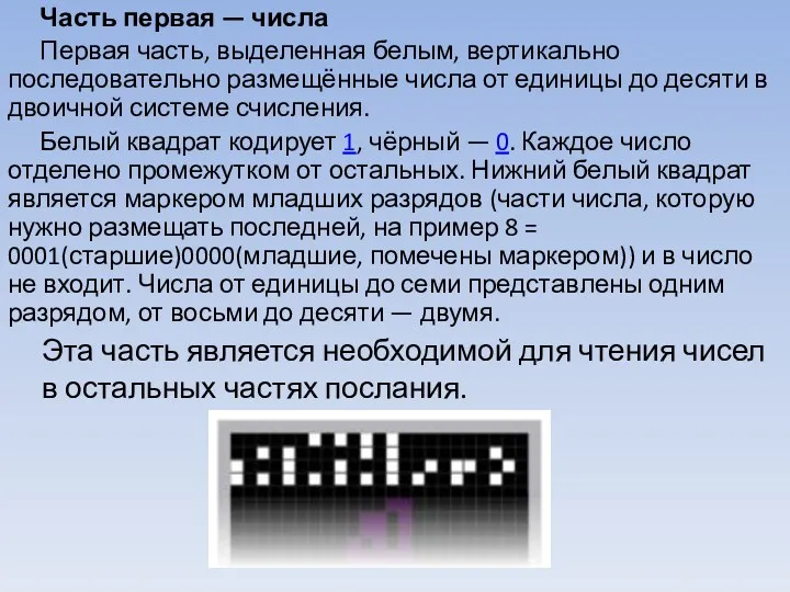 Часть первая — числа Первая часть, выделенная белым, вертикально последовательно