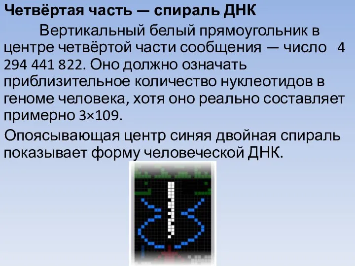 Четвёртая часть — спираль ДНК Вертикальный белый прямоугольник в центре