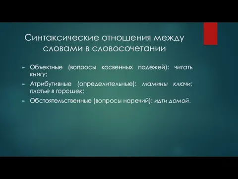 Синтаксические отношения между словами в словосочетании Объектные (вопросы косвенных падежей):