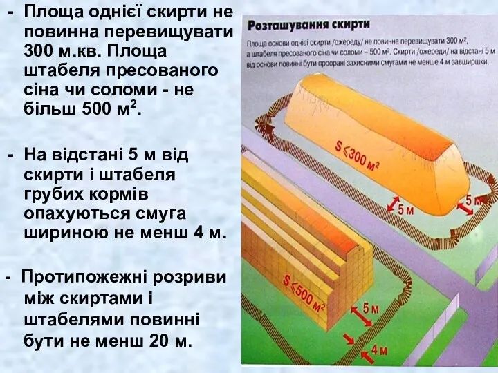 Площа однієї скирти не повинна перевищувати 300 м.кв. Площа штабеля