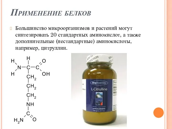 Применение белков Большинство микроорганизмов и растений могут синтезировать 20 стандартных