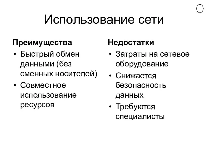 Использование сети Преимущества Быстрый обмен данными (без сменных носителей) Совместное