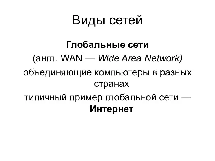 Виды сетей Глобальные сети (англ. WAN — Wide Area Network)