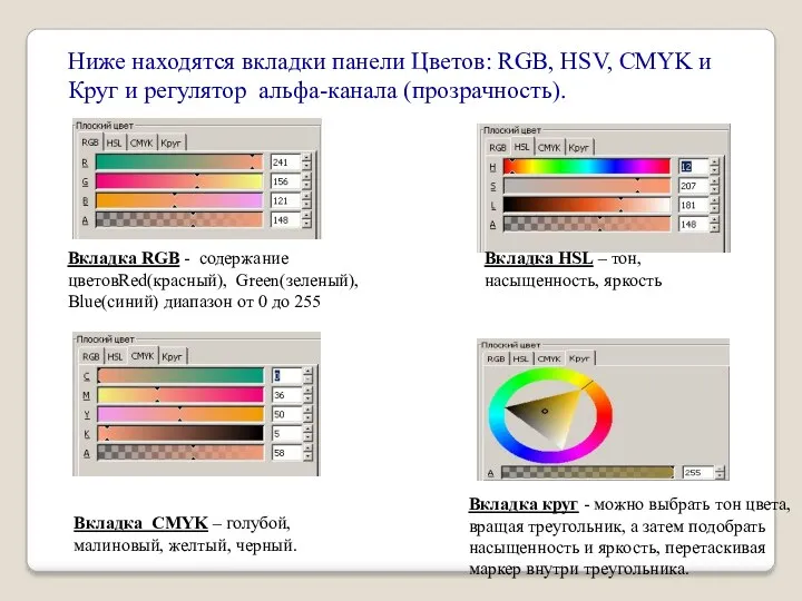 Ниже находятся вкладки панели Цветов: RGB, HSV, CMYK и Круг