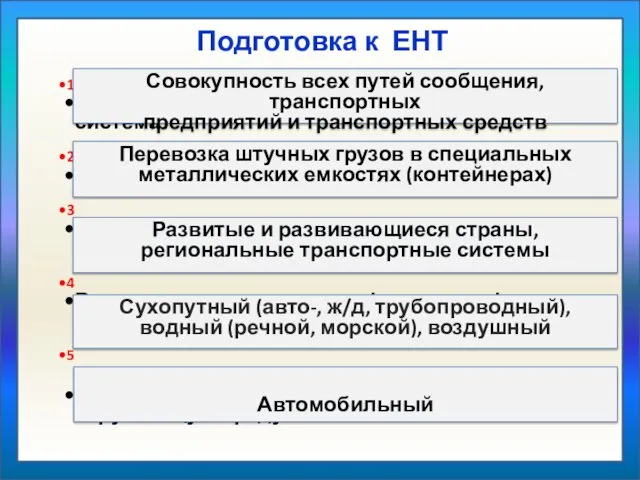 Подготовка к ЕНТ 1 Что собой представляет мировая транспортная система?