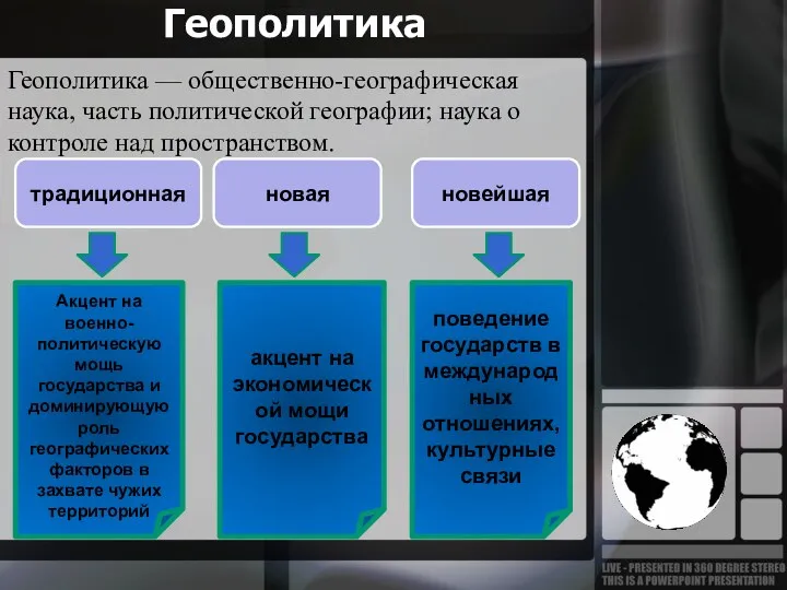 Геополитика Геополитика — общественно-географическая наука, часть политической географии; наука о