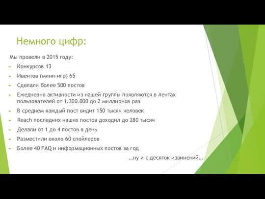 Немного цифр: Мы провели в 2015 году: Конкурсов 13 Ивентов