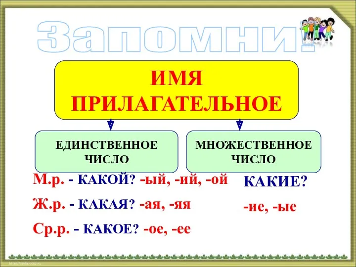 Запомни! ИМЯ ПРИЛАГАТЕЛЬНОЕ ЕДИНСТВЕННОЕ ЧИСЛО МНОЖЕСТВЕННОЕ ЧИСЛО М.р. - КАКОЙ? -ый, -ий, -ой