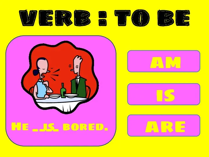 am is are He ____ bored. is verb : to be