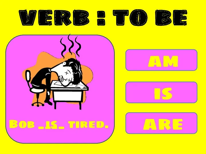 am is are Bob ____ tired. is verb : to be