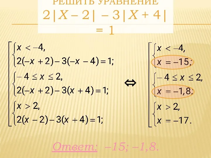 Ответ: –15; –1,8. РЕШИТЬ УРАВНЕНИЕ 2|X – 2| – 3|Х + 4| = 1 ⇔