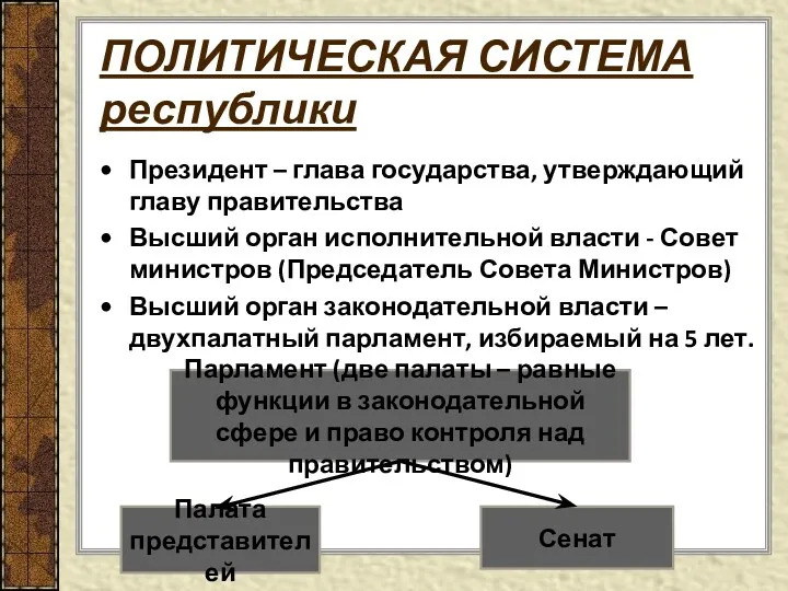 ПОЛИТИЧЕСКАЯ СИСТЕМА республики Президент – глава государства, утверждающий главу правительства