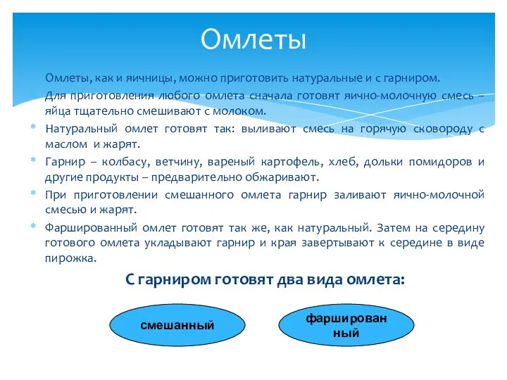 Омлеты, как и яичницы, можно приготовить натуральные и с гарниром.