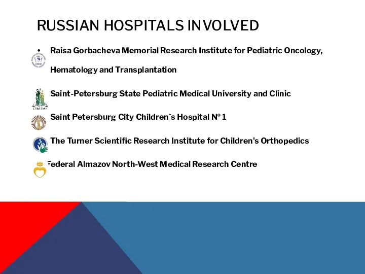 RUSSIAN HOSPITALS INVOLVED Raisa Gorbacheva Memorial Research Institute for Pediatric