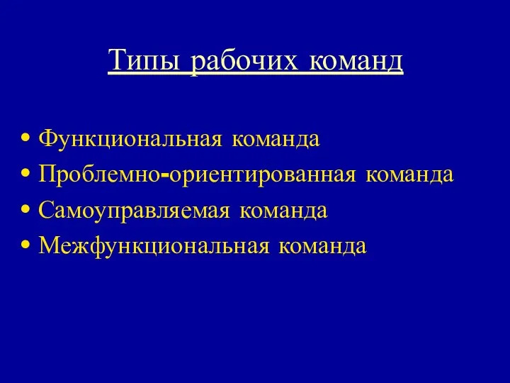 Типы рабочих команд Функциональная команда Проблемно-ориентированная команда Самоуправляемая команда Межфункциональная команда