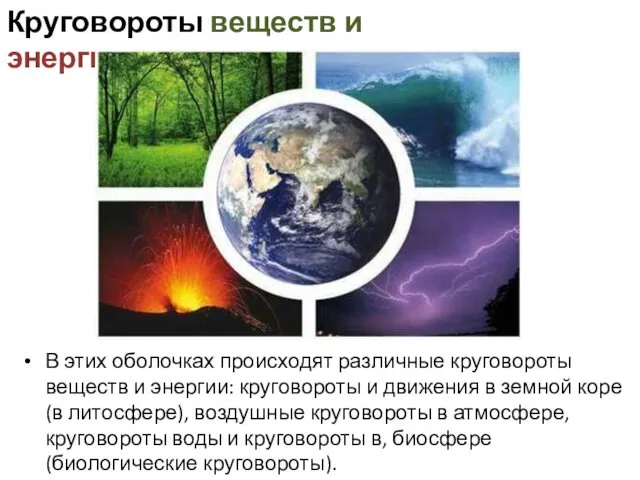 Круговороты веществ и энергии В этих оболочках происходят различные круговороты