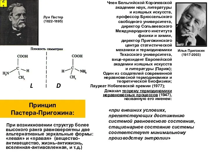 Принцип Пастера-Пригожина: При возникновении структур более высокого ранга равновероятны две альтернативные зеркальные формы: