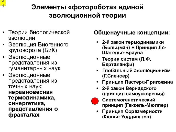 Элементы «фоторобота» единой эволюционной теории Теории биологической эволюции Эволюция Биогенного круговорота (БиК) Эволюционные