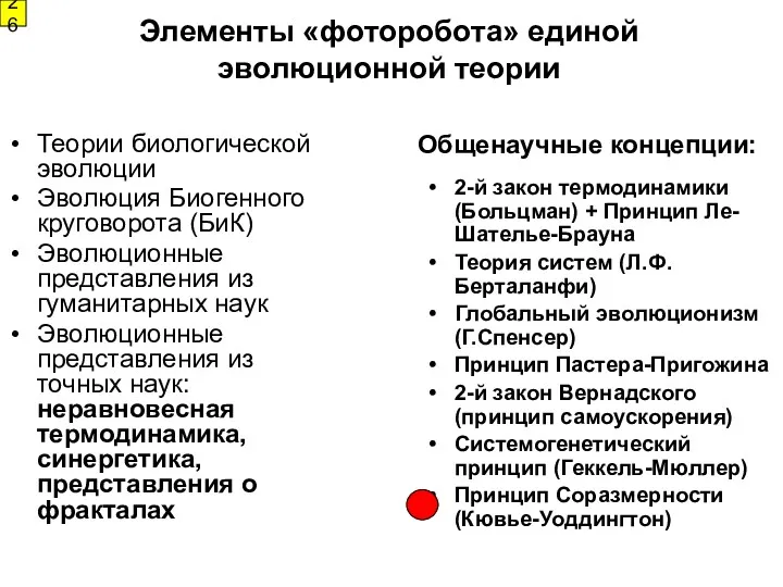 Элементы «фоторобота» единой эволюционной теории Теории биологической эволюции Эволюция Биогенного круговорота (БиК) Эволюционные