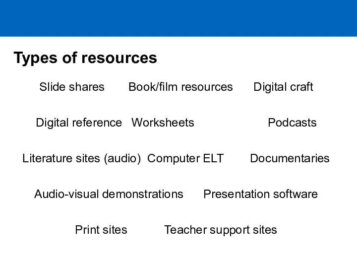 Types of resources Slide shares Book/film resources Digital craft Digital