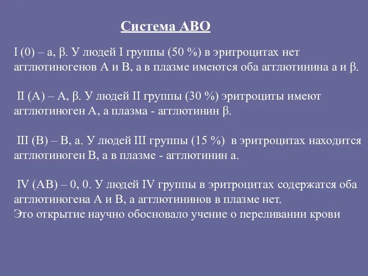 I (0) – а, β. У людей I группы (50 %) в эритроцитах
