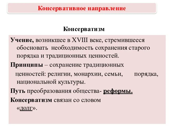 Консерватизм Учение, возникшее в XVIII веке, стремившееся обосновать необходимость сохранения