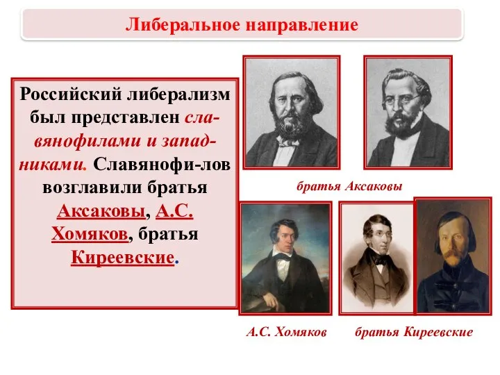 Российский либерализм был представлен сла-вянофилами и запад-никами. Славянофи-лов возглавили братья