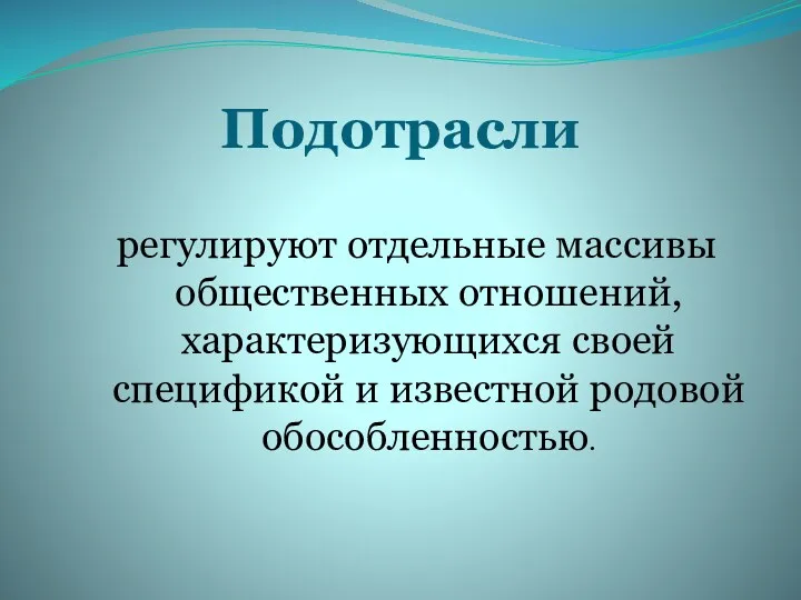 Подотрасли регулируют отдельные массивы общественных отношений, характеризующихся своей спецификой и известной родовой обособленностью.