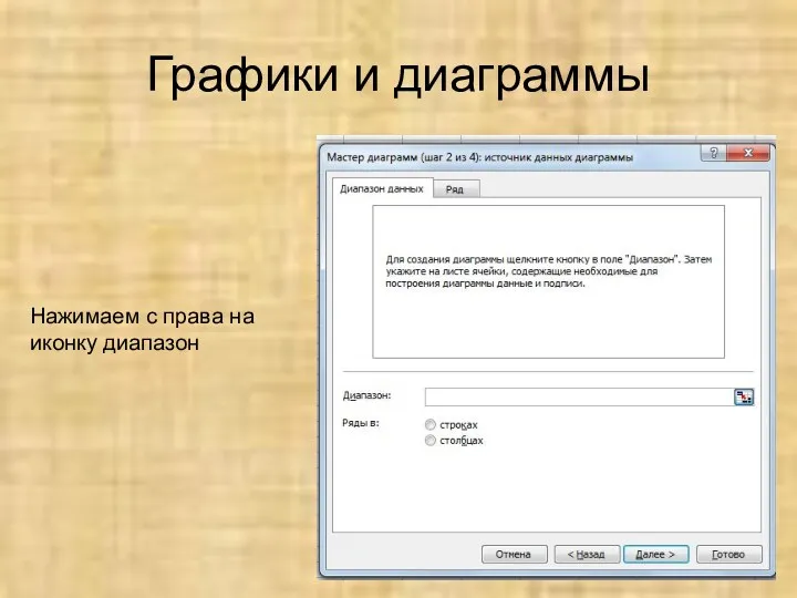 Графики и диаграммы Нажимаем с права на иконку диапазон