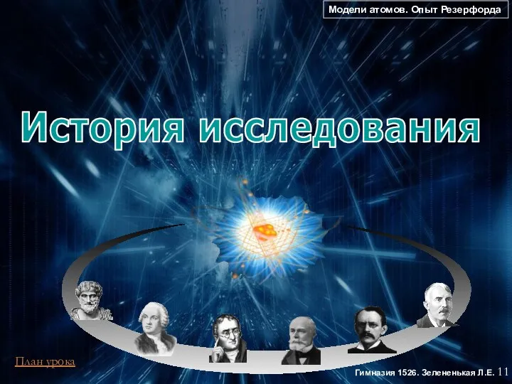 Гимназия 1526. Зелененькая Л.Е. История исследования 11 Модели атомов. Опыт Резерфорда План урока