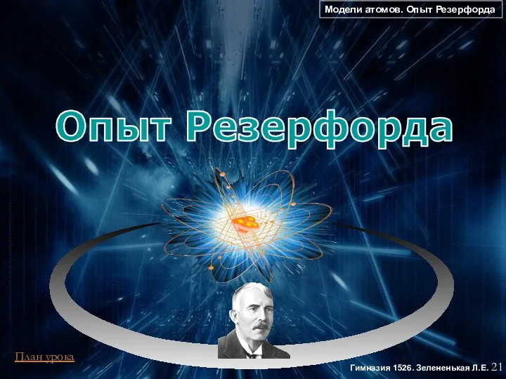 Гимназия 1526. Зелененькая Л.Е. Опыт Резерфорда 21 Модели атомов. Опыт Резерфорда План урока