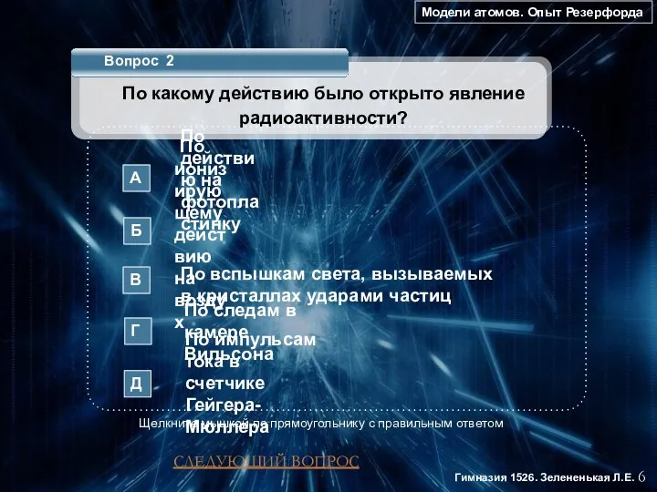 Модели атомов. Опыт Резерфорда 6 Гимназия 1526. Зелененькая Л.Е. Вопрос